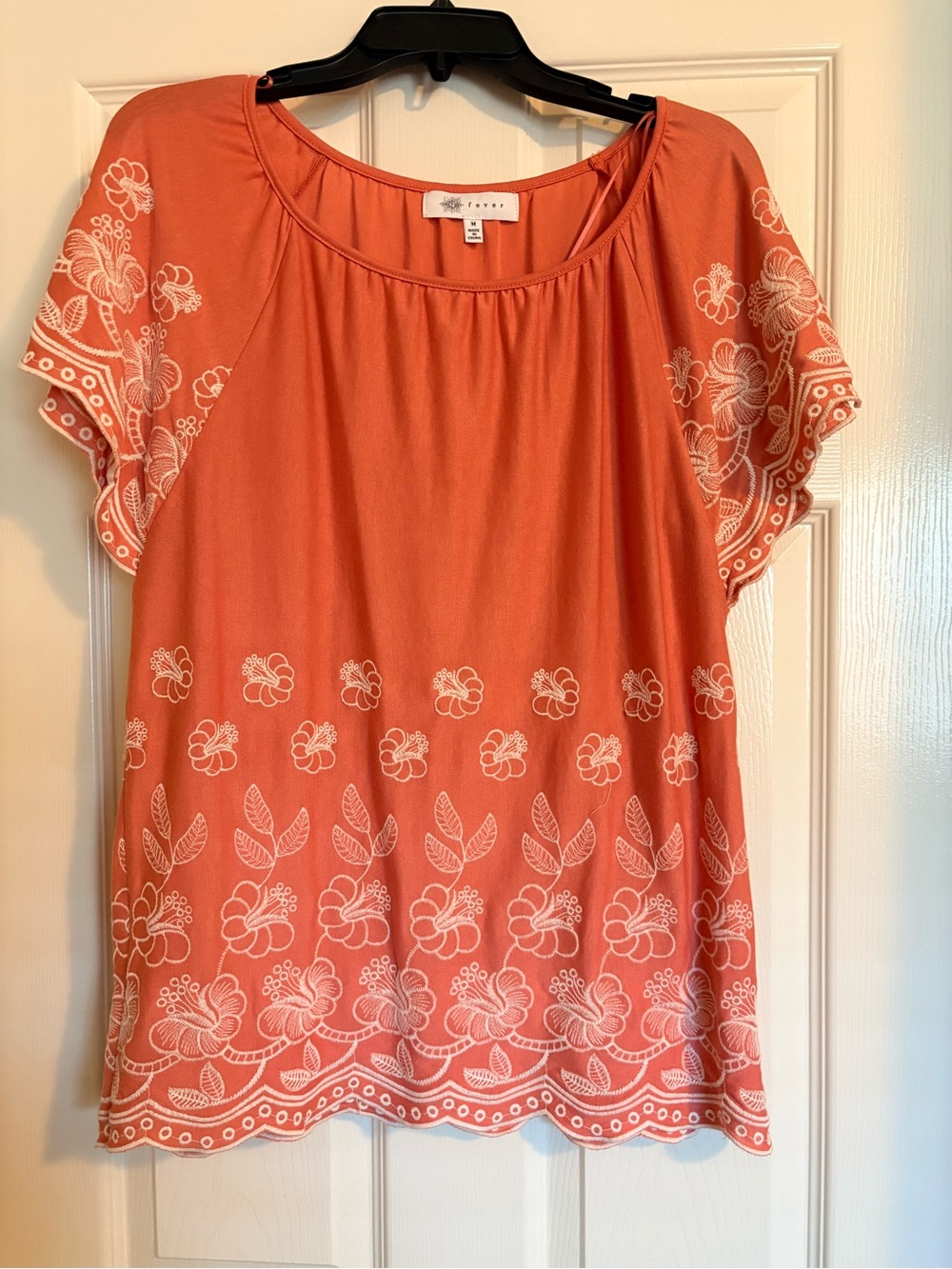 Fever Orange Gathered Neck floral embroidery Top